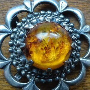 Antique Sterling Silver Amber Brooch Pendant